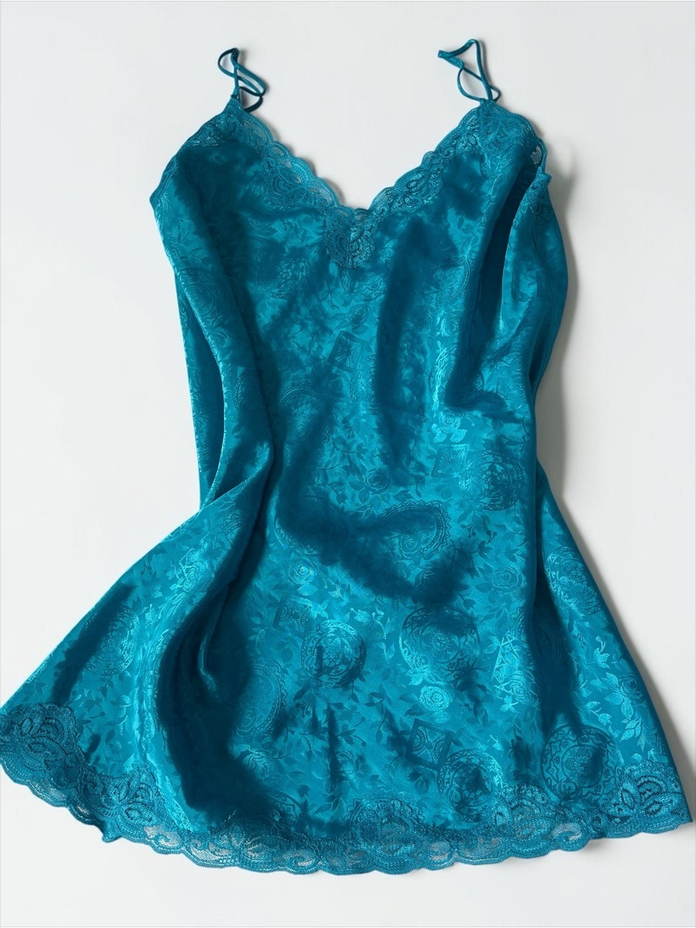 Vintage 90s Victoria’s Secret Teal Turquoise Jacquard Lace Satin Slip Dress L